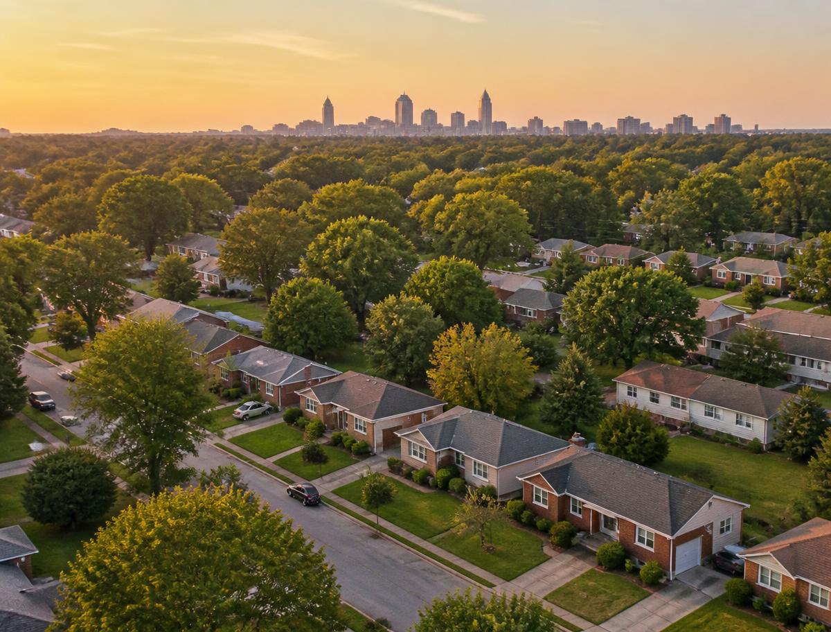 Aerial view of a Georgia rental neighborhood with the Atlanta skyline beyond
