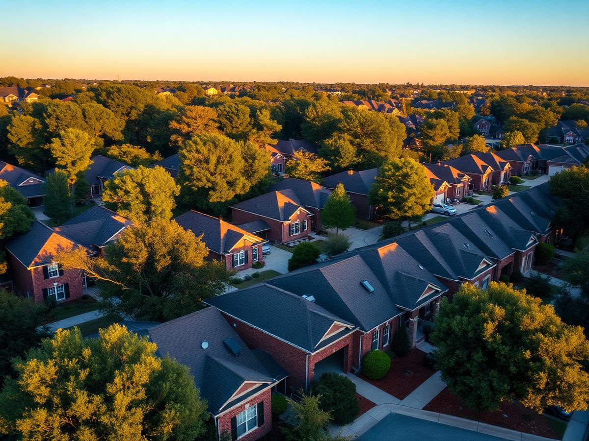 Aerial view of a Georgia neighborhood of brick single family rental homes
