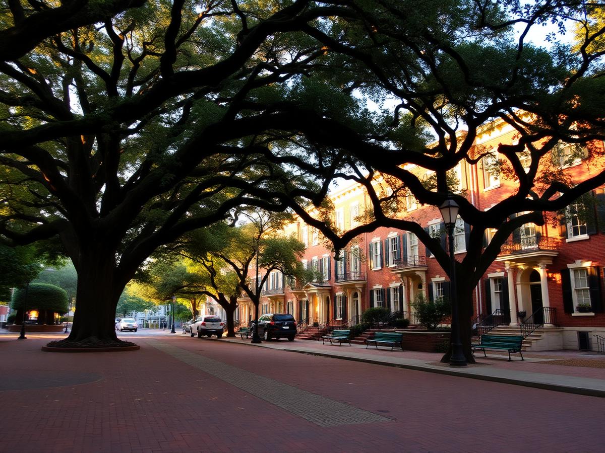 Historic brick row houses on an oak-lined square in Savannah, Georgia
